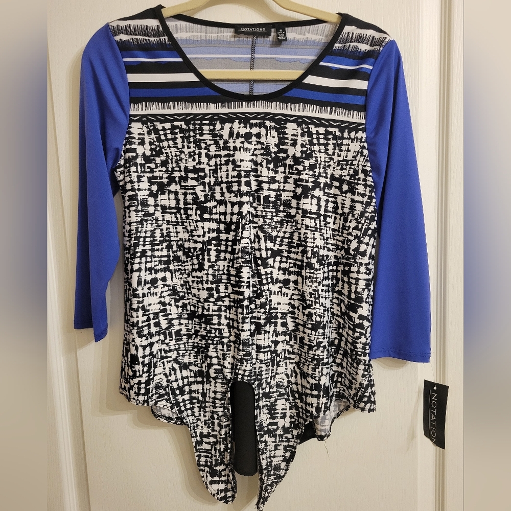 NWT Notations blouse with tie in the front and sheer detail in the back, size sm
